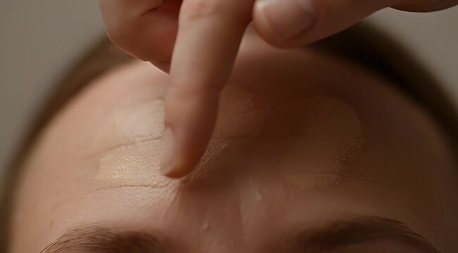 Finger blending foundation on woman's forehead in closeup makeup application