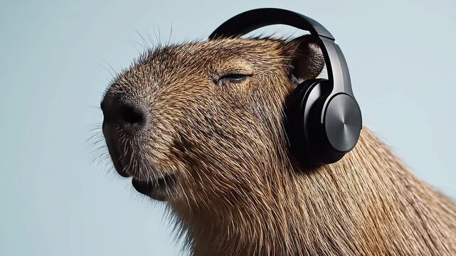 A tranquil capybara finds its rhythm, peacefully immersed in music with sleek black headphones, eyes gently closed, embodying pure auditory bliss and relaxation