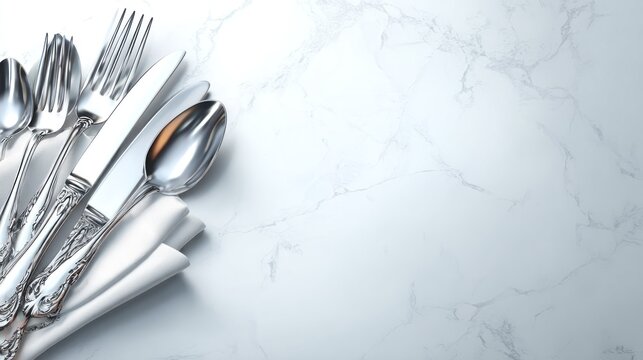 Elegant silverware displayed on white marble surface with copy space