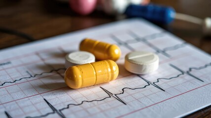 Yellow capsules and white pills rest on an electrocardiogram chart showing heart rhythms