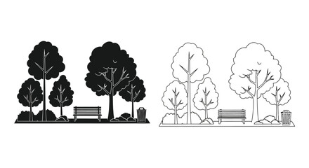 Naklejka premium Black and white illustration of trees benches and park elements