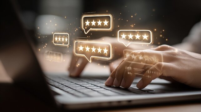 Customer feedback with five star rating typing a review on computer