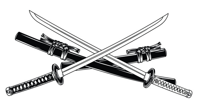 Two crossed japanese katanas with detailed hilts and blades a striking black silhouette high quality professional