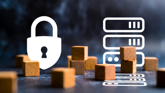 A prominent padlock icon signifies data protection for server racks and network infrastructure.