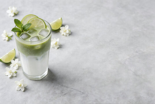 Top-down flat lay composition of refreshing iced matcha latte in clear glass with condensation droplets, garnished with fresh lime wheels and mint sprigs, arranged with scattered white flowers and...