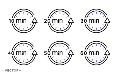 Obraz premium set of cooking or preparation time icon, clock icon collection, timer duration, countdown from 60 to 10 minute, thin line symbol isolated on white background, editable stroke eps 10 vector