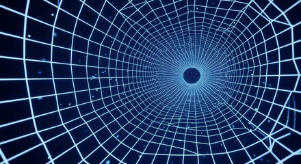 Fototapeta premium Digital grid tunnel with glowing blue lines and a central black hole