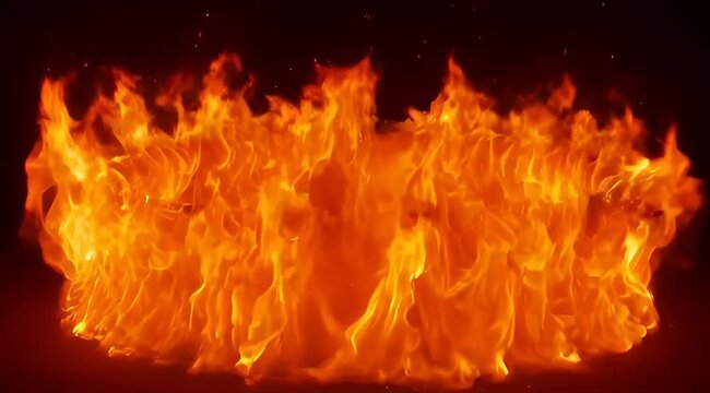 Vibrant orange flames create a powerful visual against a black backdrop