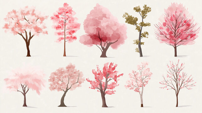 Collection of beautiful pink cherry blossom trees with delicate watercolor textures