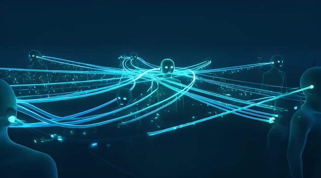 Futuristic depiction of human network with luminous connections and glowing figures