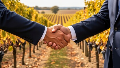 Naklejka premium Vineyard Pact: A symbolic handshake seals a partnership against a backdrop of sun-kissed grapevines, embodying a blend of trust and commitment in the realm of business.