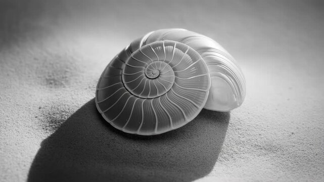 Elegant nautilus shell macro close-up in monochrome with intricate spiral patterns on textured surface