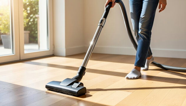 Vacuuming in Sunlight: A person diligently vacuums a sunlit wooden floor, embodying the essence of a clean and bright living space.