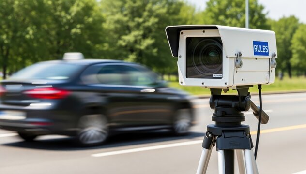 Speed Camera Surveillance: Capturing a glimpse of modern surveillance technology, a speed camera diligently monitors traffic on a bustling road. This image captures the essence of traffic safety.