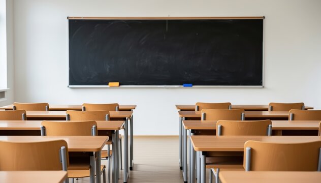 Empty Classroom: A view inside of a classroom with empty wooden desks aligned, with a blank black chalkboard on the wall, showing the potential for learning and collaboration.