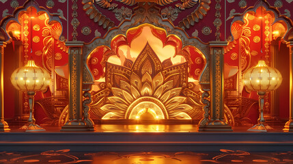 Fototapeta premium Luxurious Hindu temple interior with ornate golden arches, glowing lotus decorations, and rich red architectural details