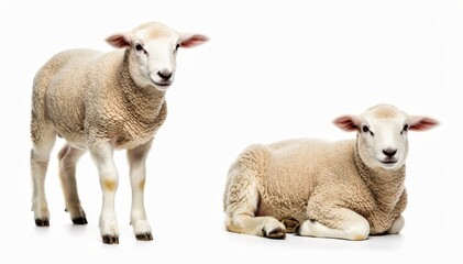 Fototapeta premium Twin Lambs' Delight: Two adorable lambs, one standing tall and the other resting, epitomize the gentle innocence and charm of youth, isolated together.
