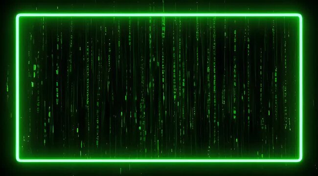 Neon green frame surrounding digital rain on a black background, futuristic vibe