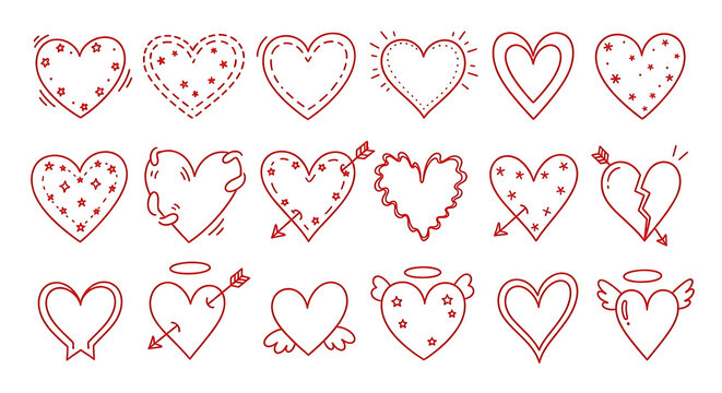 The image depicts various heart illustrations with different designs.