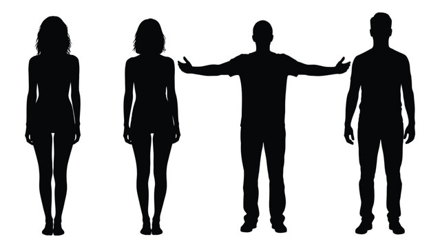 Silhouette of four individuals standing in a line with one person in the middle appearing to connect or separate the other three