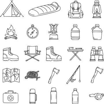 Camping and Hiking Gear Icons in Black and White Outline Style