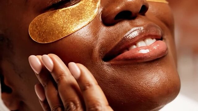 A person enjoys a relaxing beauty treatment with golden under-eye patches