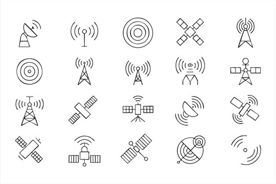 Telecommunication antenna line icon set for network control panels, mobile carrier apps and broadcast systems