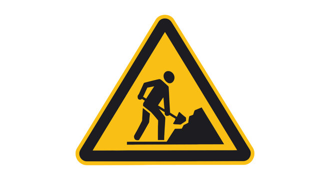 Yellow triangle warning vector graphic illustration of men at work construction site sign