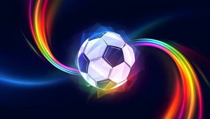 Naklejka premium Dynamic Glowing Soccer Ball with Vibrant Rainbow Light Trails on Dark Background