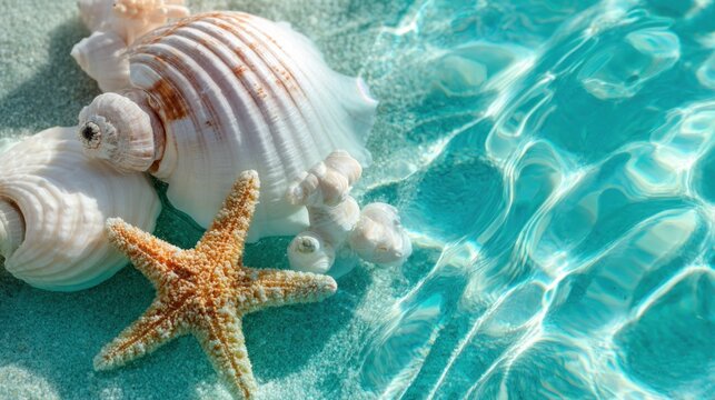Starfish and seashells resting on sandy surface near clear blue water