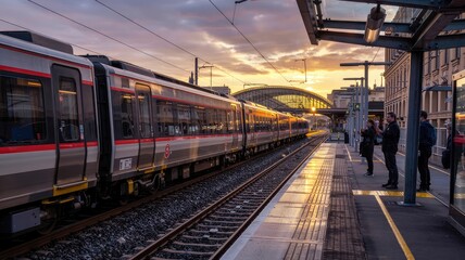 Modern commuter train at a bustling city station platform during a golden hour sunset