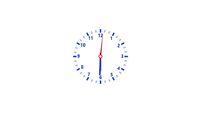 Blue Analog Clock Face on White Background With Numbers And Tick Marks Keywords: clock, analog, time, watch, dial, face, numbers, hour, minute, second, blue, red, white, background, isolated