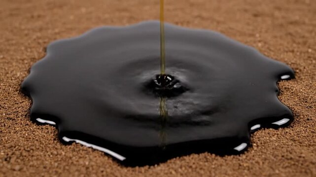 Thick dark liquid drips onto a granular surface, forming a reflective black puddle with ripples, symbolizing oil, energy, industrial fluids, or potential environmental issues