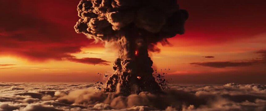 Massive nuclear explosion mushroom cloud ascends into fiery orange sky above clouds, destructive force