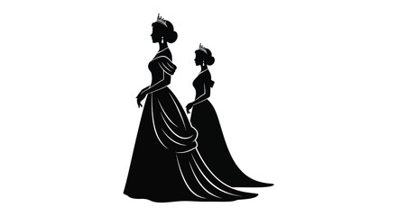 Two elegant women in regal gowns and tiaras stand side by side a striking silhouette high quality professional © njhasan