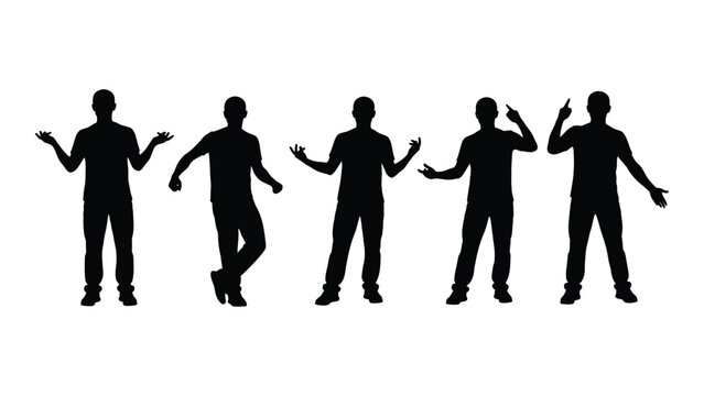 Silhouette of five dancing figures in various poses against a white background