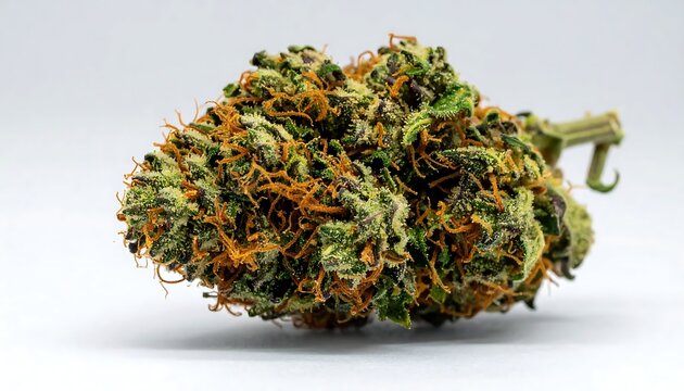 A large, dense nug of cannabis with vibrant orange hairs