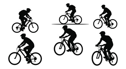 A collection of mountain bikers in various riding positions shown as a striking silhouette high quality © njhasan