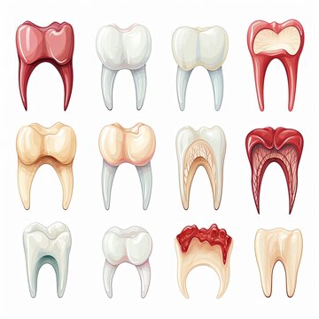 Dental Anatomy Cartoon Illustration of Tooth Structure and Dental Health Variations, Isolated