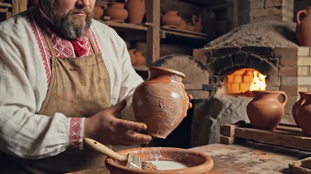 Craftsman applies glaze to earthenware pot near a kiln