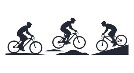 Naklejka premium Three mountain bikers ride across varied terrain displaying dynamic action in silhouette high quality professional detailed