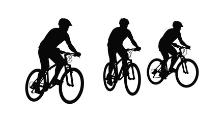 Fototapeta premium Three cyclists riding mountain bikes in a dynamic formation depicted as a striking silhouette high quality