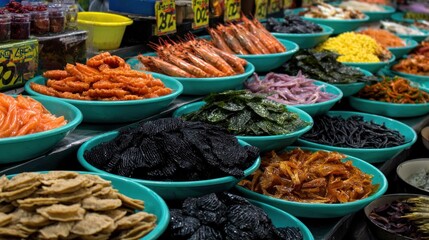 Fototapeta premium Colorful array of prepared food displayed for sale at market stall