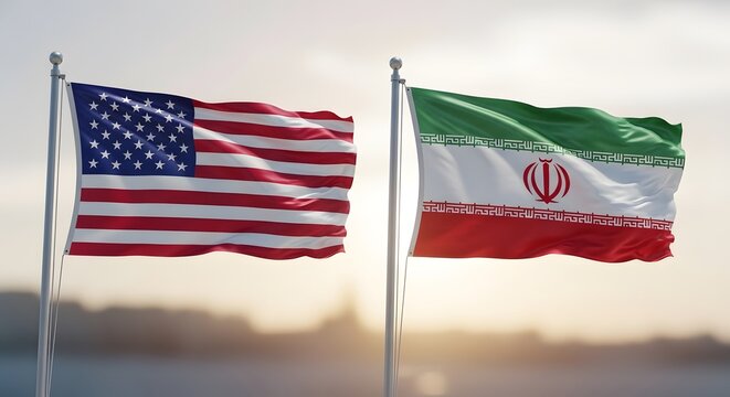 Flags of united states and iran side by side waving in the wind outdoors