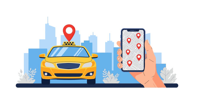 Flat illustration of a hand holding a smartphone with a taxi app in front of a yellow cab and city skyline.