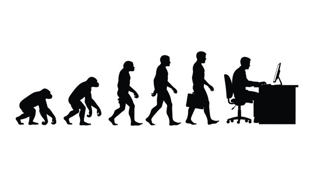 The evolution of humans from primates to modern office workers: a silhouette representation of human progress and adaptation