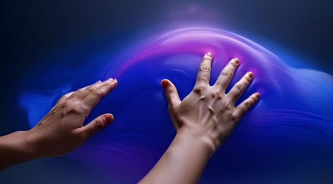 Abstract image of two hands touching a blue and pink curved surface