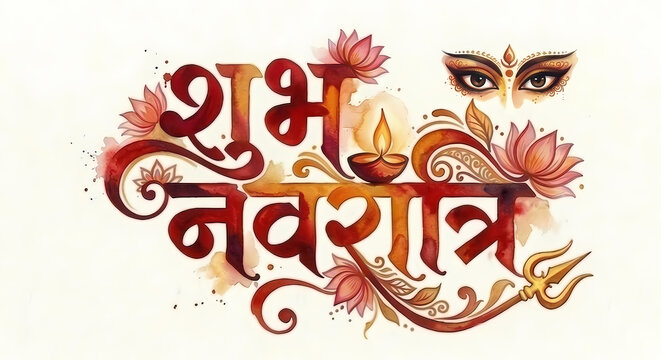 Happy shubh Navratri typo logo for Indian traditional festive Ram Navami puja concept. Hindi calligraphy in watercolor style.