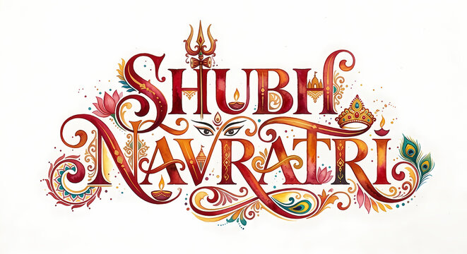 Happy shubh Navratri typo logo for Indian traditional festive Ram Navami puja concept. Hindi calligraphy in watercolor style.