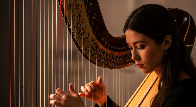 Beautiful young woman playing classical harp in warm cinematic lighting